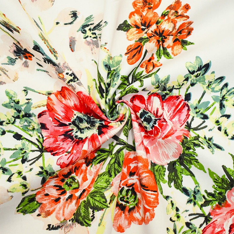 White-Coral-Multi Cotton Floral Printed Stretch Spandex Poplin Woven Fabric