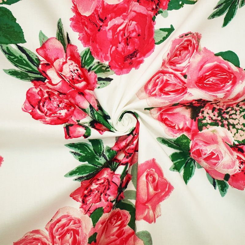 White-Coral Pink-Multi Cotton Floral Print Stretch Spandex Poplin Fabric