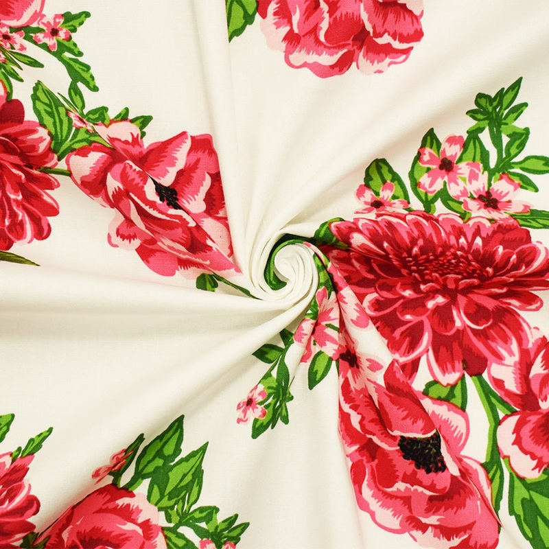 White-Pink-Multi Cotton Floral Print Stretch Spandex Poplin Woven Fabric