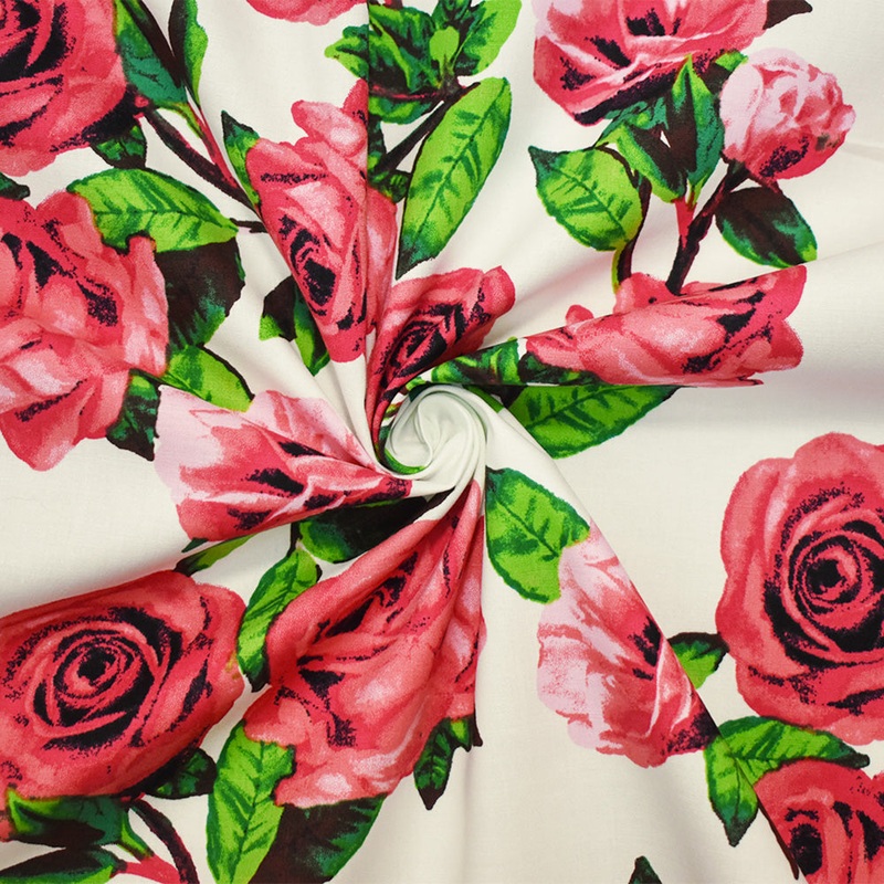 White-Red-Multi Cotton Floral Printed Stretch Spandex Poplin Woven Fabric