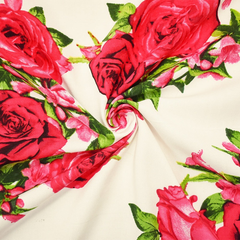White-Red-Multi Rayon Floral Printed Challis Woven Fabric