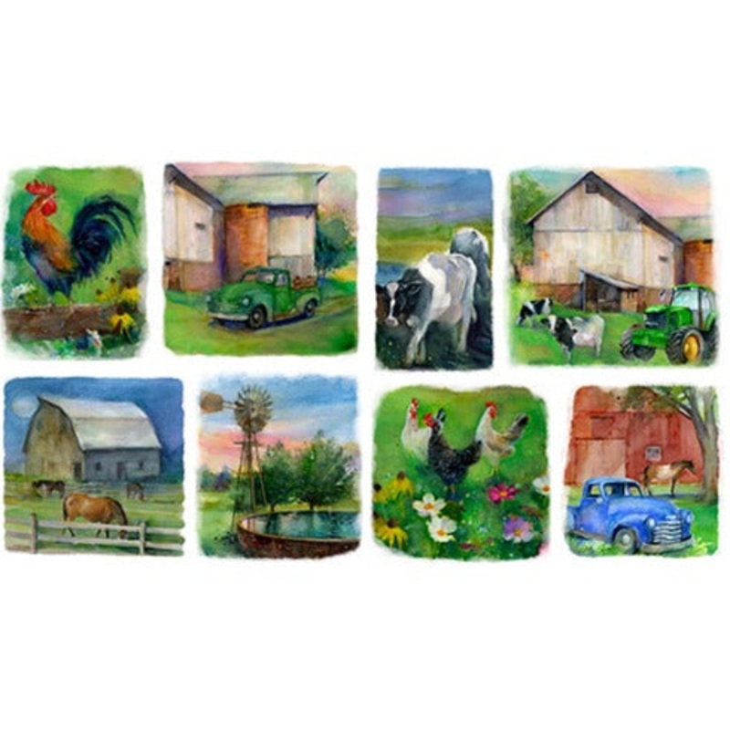 P323 - Country Living Quilt Fabric - Farmstead Patch in White - 21680-WHT - SOLD AS AN 11" PANEL