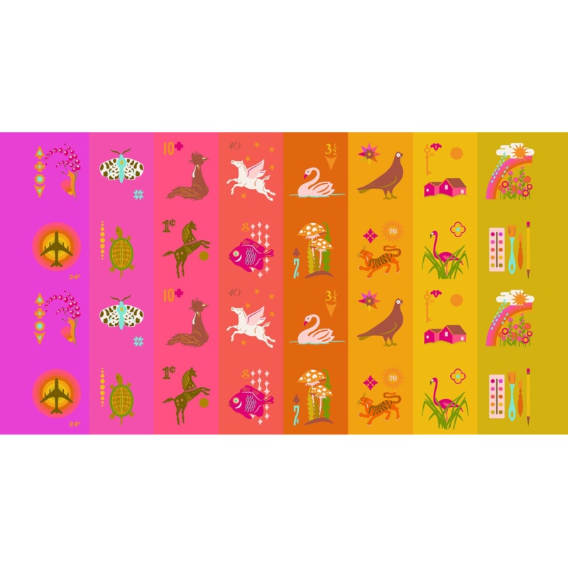 P335 - Postmark Quilt Fabric by Alison Glass - Ephemera Panel in Warm (Pink/Yellow/Orange) - A-1124-YO - SOLD AS A 24" PANEL