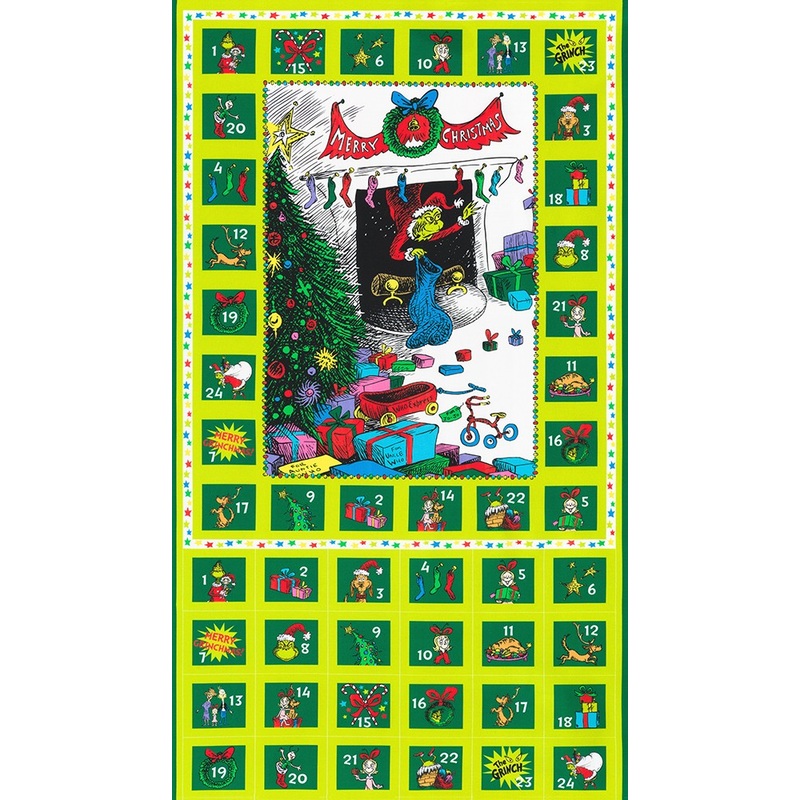 P340 How the Grinch Stole Christmas Quilt Fabric - Advent Calendar Panel in Holiday - ADED-22565-223 HOLIDAY - SOLD AS A 24" PANEL